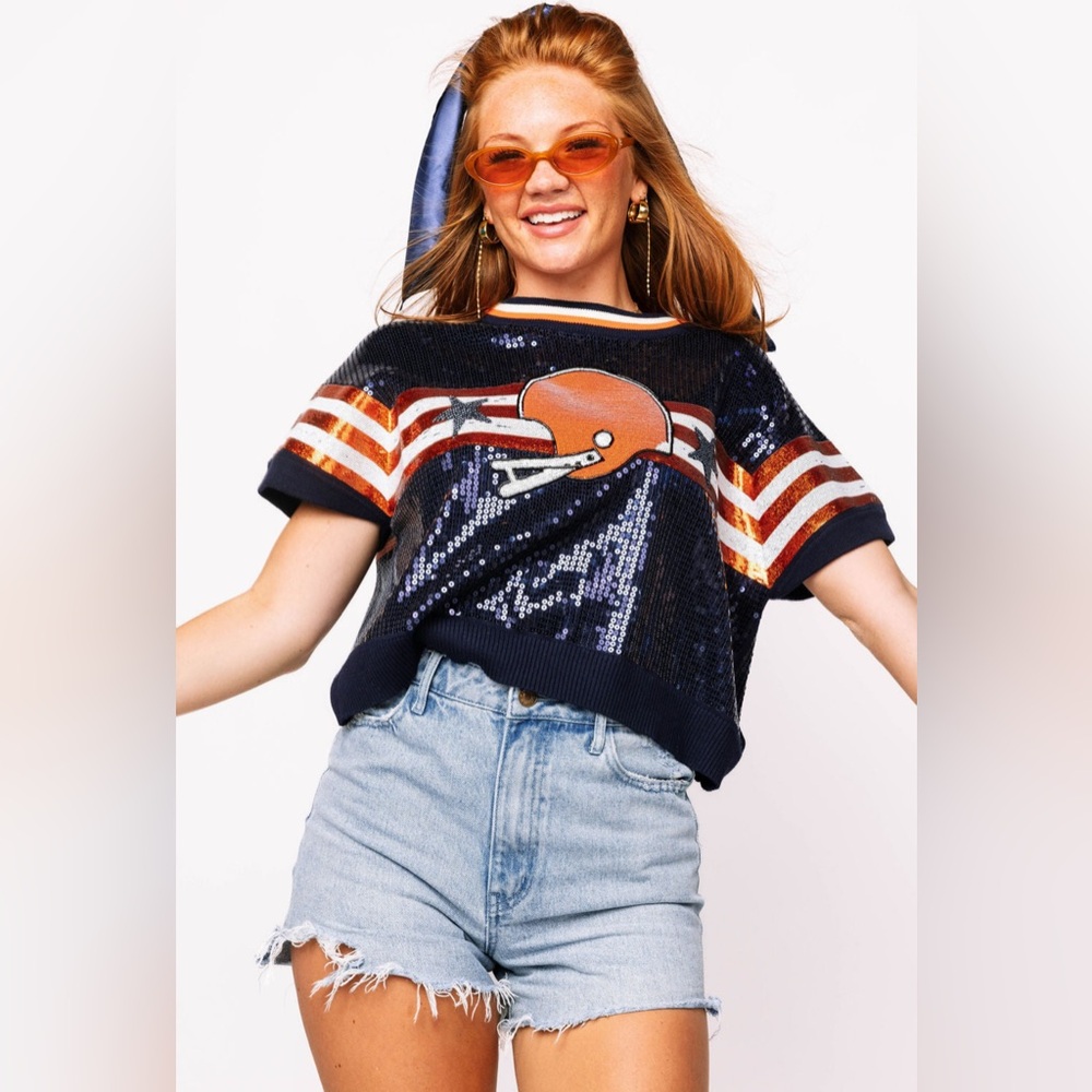 New! QUEEN OF SPARKLES Navy & Orange Full Sequin Football Sweater